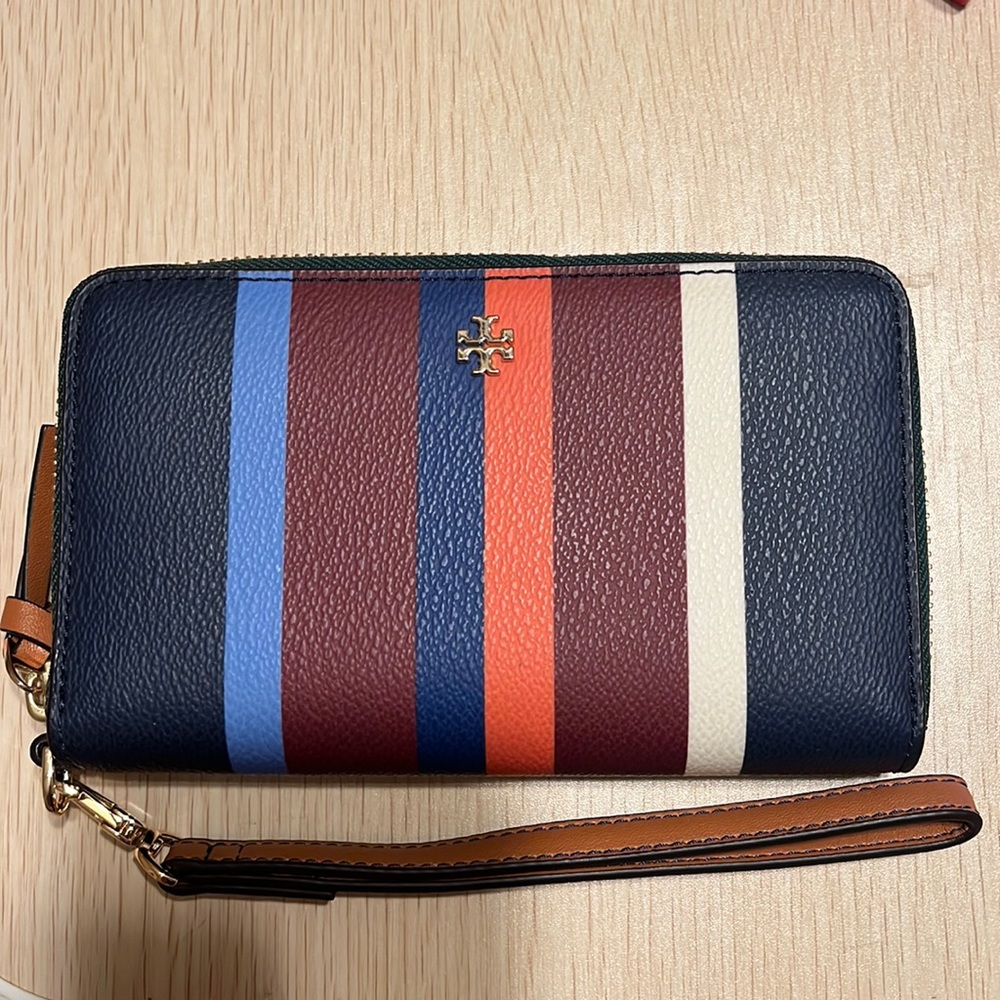 Tory Burch navy stripe wallet with wrist strap